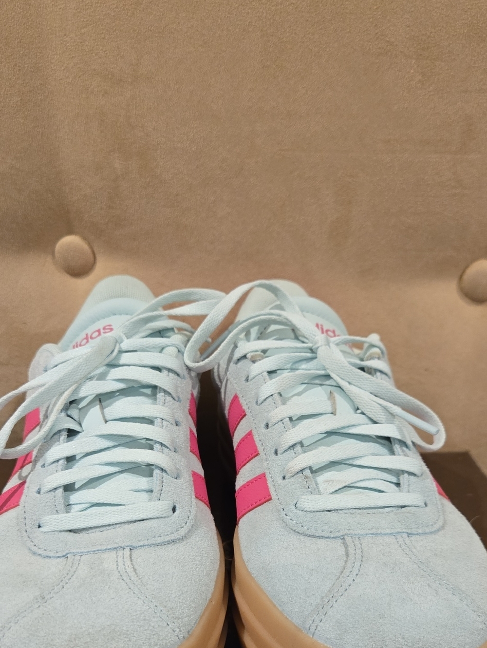 adidas Women Light Blue Suede Sneakers with Pink Stripes and Gum Sole